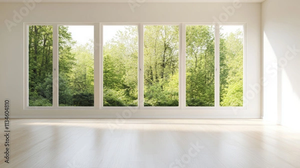 Fototapeta Empty room with large windows fills with sunlight and nature's view, creating a serene ambiance