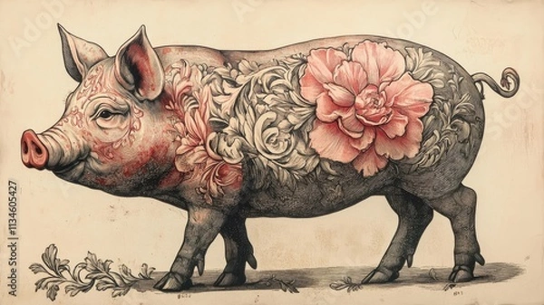 Fototapeta Woodblock print style, a traditional pig rendered with precise lines, muted tones, and intricate details, capturing a classic, artistic essence.