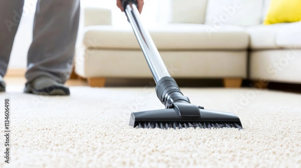 Fototapeta Janitor cleaning a carpet in a modern apartment, maintaining cleanliness and hygiene in the well-lit living area with cozy furnishings