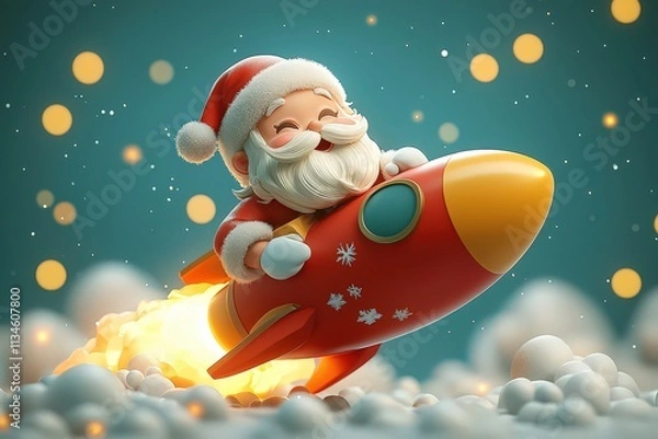 Fototapeta cartoon style, a cute Santa Claus sitting on a rocket, pastel-colored background