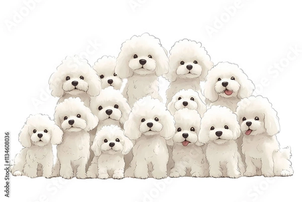 Obraz Group of 14 white  bichon maltese dogs cartoon style. Transparent background. PNG