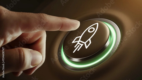 Obraz Finger pressing a rocket launch button with green LED light