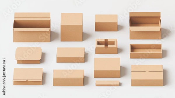 Fototapeta 3D set of cardboard boxes isolated on white background. Vector realistic illustration of carton package for parcel delivery, closed and open packaging, product stored at warehouse, shopping order