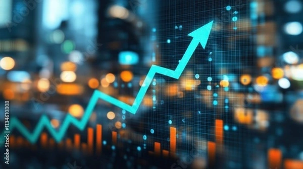 Obraz Data visualization represents a significant increase in stock market values amid urban lights
