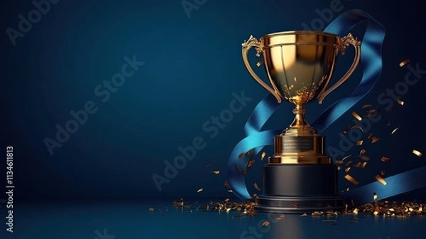 Fototapeta A shiny gold trophy stands proudly on a dark surface with a blue ribbon and colorful confetti
