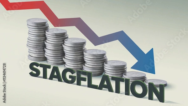Obraz Stacked coins with stagflation text and downward arrow graph  
