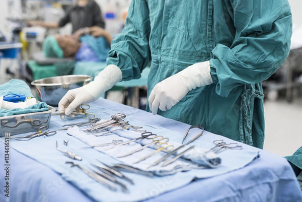 Obraz pielęgniarka szorująca przygotowująca instrumenty medyczne do operacji