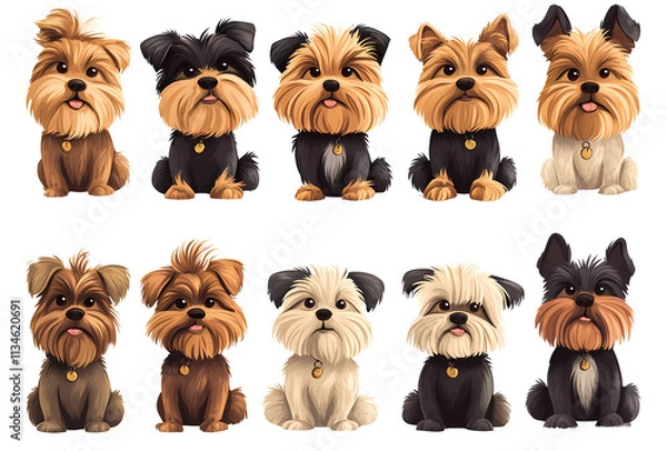 Obraz Group of 10 cute yorkshire terrier dogs sitting together cartoon style. Transparent background. PNG