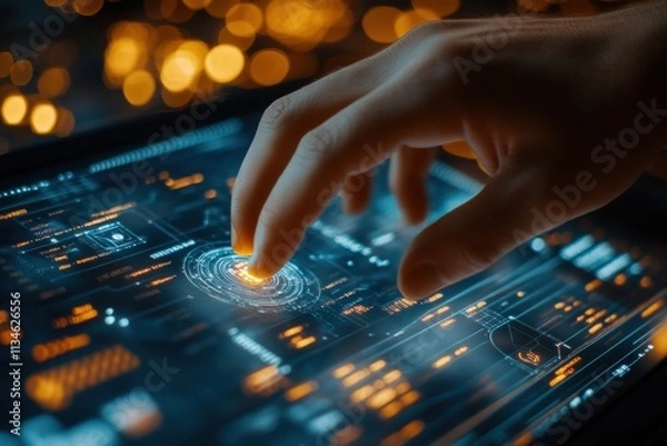 Fototapeta Fingertip Interacting with Futuristic Interface