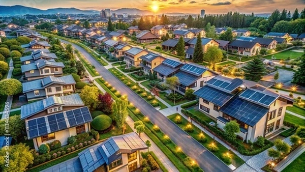 Obraz Aerial View of a Sustainable Energy Landscape Featuring Energy Saving Filament Bulbs Illuminating a Green Community with Solar Panels and Efficient Light Solutions
