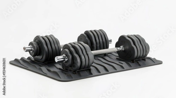 Fototapeta Set of Two Adjustable Dumbbells on Black Exercise Mat for Strength Training in Home Gym, Fitness Equipment for Weightlifting and Bodybuilding Workouts