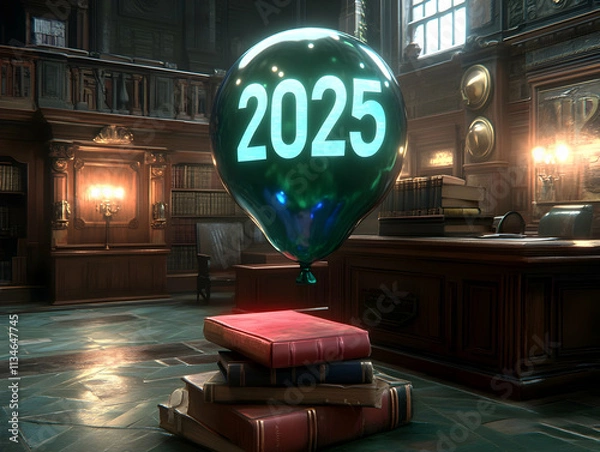 Obraz 2025 New Year Balloon in Library 3D Illustration