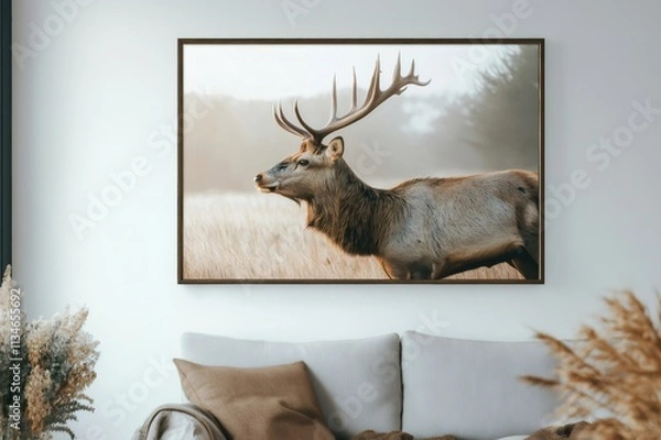 Fototapeta Large framed canvas print of a majestic deer with imposing antlers adds a touch of nature and wilderness to a modern, minimalist living room