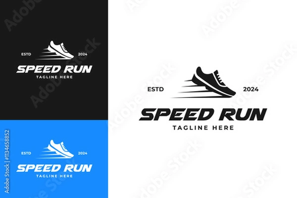 Fototapeta Running shoe logo design for runner or sport template vector symbol illustration