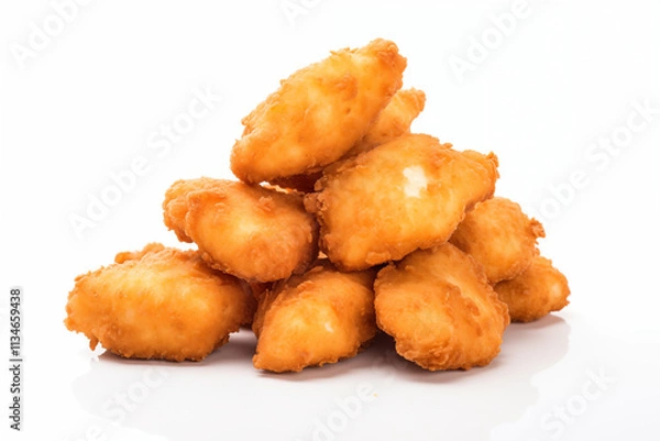 Fototapeta Close-up of high-quality, freshly prepared chicken poppers displayed on a clean white background, showcasing their crispy texture and appetizing appearance