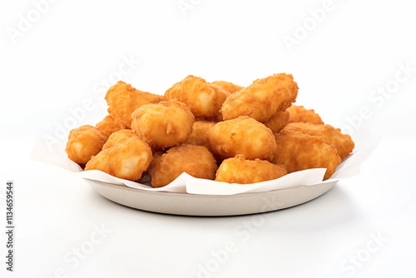 Fototapeta Close-up of high-quality, freshly prepared chicken poppers displayed on a clean white background, showcasing their crispy texture and appetizing appearance