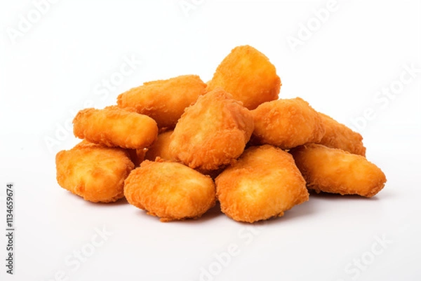 Fototapeta Close-up of high-quality, freshly prepared chicken poppers displayed on a clean white background, showcasing their crispy texture and appetizing appearance