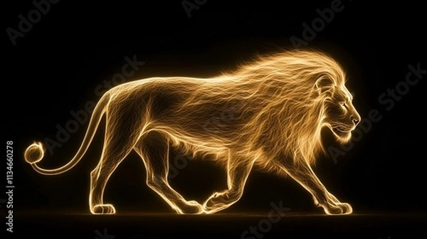 Obraz Fiery golden lion walking in darkness.