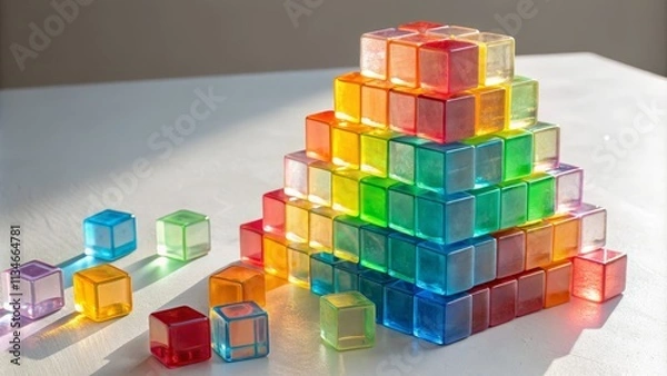 Fototapeta Rainbow Cube Pyramid Translucent Blocks Composition, Abstract Art, Sunlight, Geometry, Color, Light Keywords Abstract, Sculpture