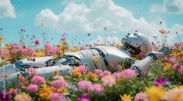 Fototapeta robot resting in blooming field