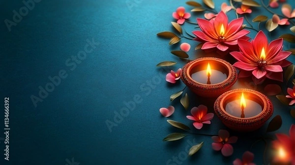 Obraz Diwali Festive Candles, Flowers, Teal Background