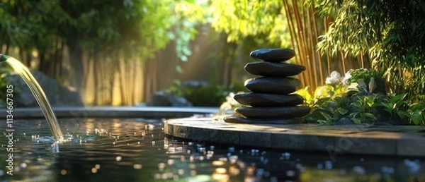 Fototapeta Tranquil zen garden concept with balanced stone stacks, rippling water pond, soft ambient glow, peaceful foliage, minimalistic raked patterns, and bamboo water spout