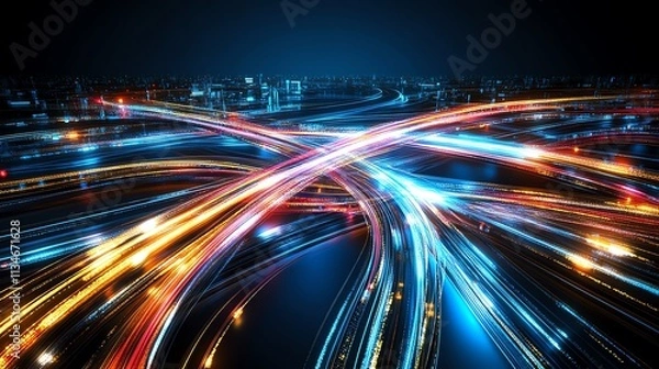 Fototapeta A vibrant digital illustration of futuristic highways illuminated at night, showcasing intertwining lanes with dynamic light trails symbolizing modern transportation networks and c