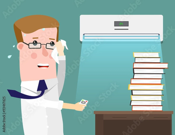 Fototapeta Illustration Featuring a businessman Sweating Profusely in His Office. Air Conditioning saves in the heat