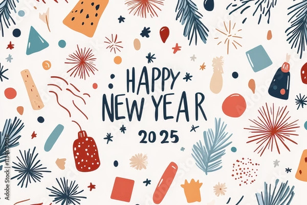 Fototapeta Happy New Year 2025 greeting card with festive doodles, colorful shapes, and decorative elements