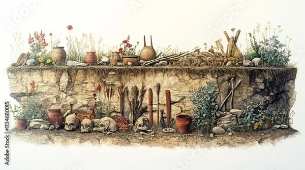 Fototapeta Crosssection of Clovis burial mound with ceremonial items like pottery and tools arranged around a skeleton intricate details of layered earth enhancing depth