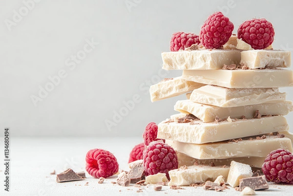 Fototapeta Elegant arrangement of white chocolate chunks with fresh raspberries and chocolate shavings on a clean background.