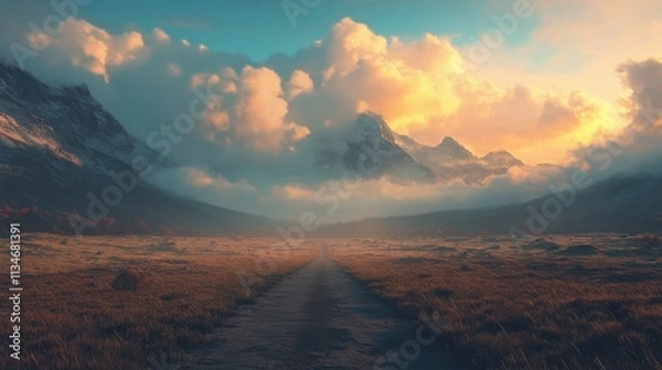 Fototapeta Imaginative 3D illustration of a fantasy mountain landscape.