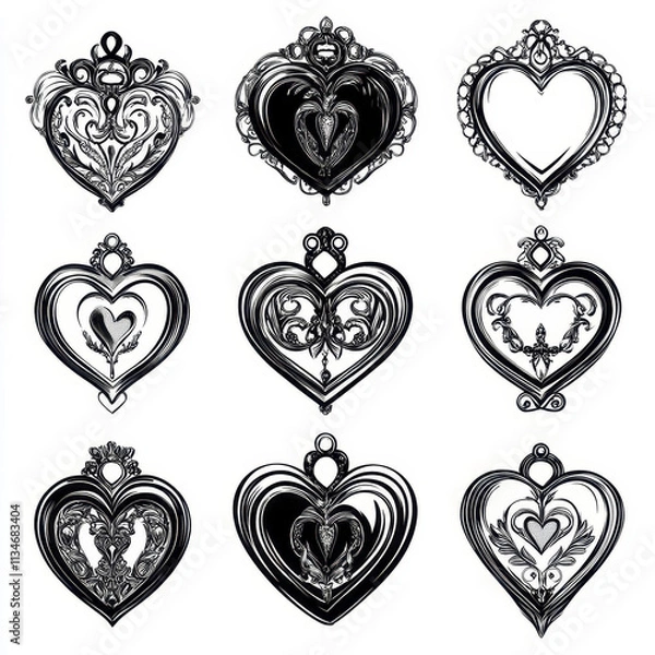 Obraz Intricate heart locket designs in black and white, perfect for romantic themes
