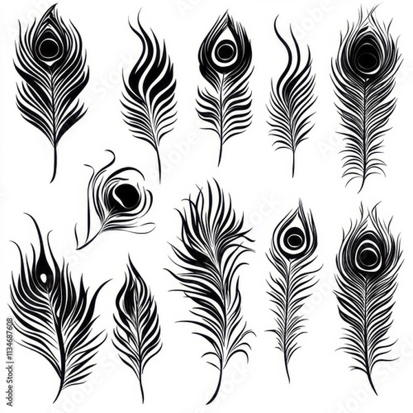 Obraz Elegant black peacock feather patterns showcasing intricate designs and shapes