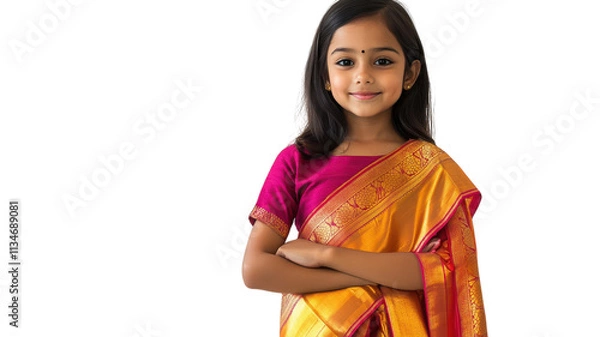 Fototapeta A Child Adorned in a Vibrant Sari with Gold Accents Showcasing Cultural Heritage and Joyful Moments for Celebrations.