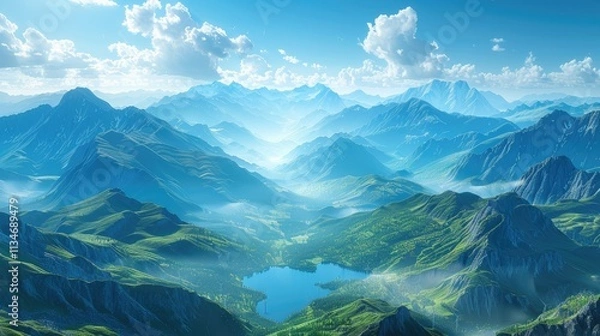 Fototapeta A serene mountain landscape with lush greenery and a tranquil lake under a blue sky.