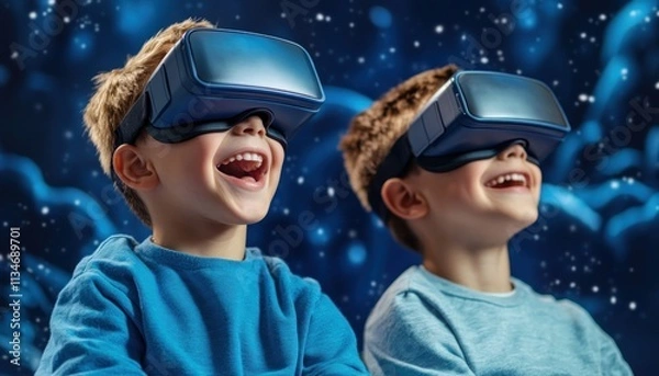 Fototapeta Engage young minds with AR space exploration Kids discovering astronomy through augmented reality rockets, learning about space travel with interactive tutoring Experience technological fun as
