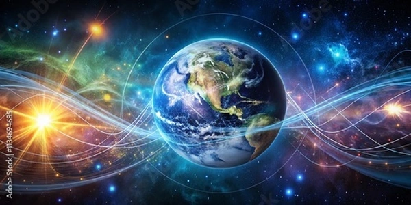 Fototapeta A Vibrant Digital Representation of Earth Surrounded by Cosmic Connections and Energetic Waves, Perfectly Positioned with Ample Copy Space for Various Uses