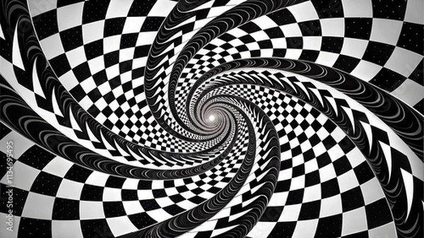 Fototapeta Abstract black and white spiral pattern with checkered design creating a hypnotic effect