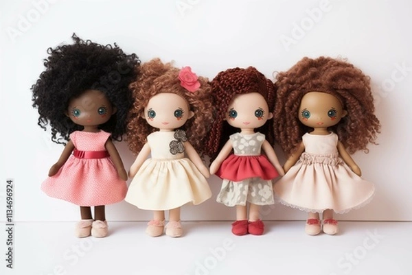 Fototapeta Group of four vibrant and colorful dolls dressed in elegant frocks, designed for female children, beautifully displayed on a clean white background for a charming and playful presentation