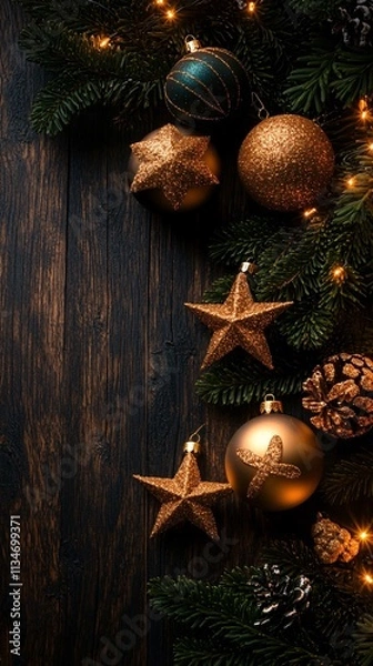 Obraz Rustic Christmas Decor: Gold & Teal Ornaments