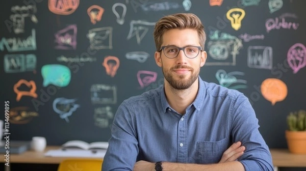 Fototapeta Startup founder presenting a glowing concept map, creative innovation