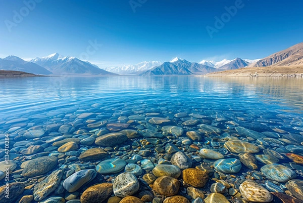 Obraz Stunning views of Pangong Lake's azure waters meeting the horizon, surrounded by rocky mountains. The crisp, clear air enhances the breathtaking scenery.