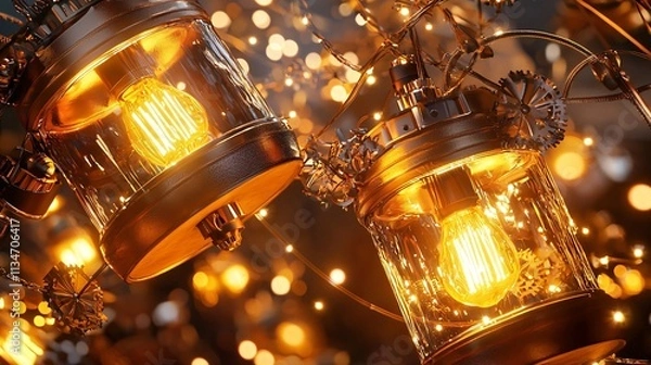 Fototapeta new year and celebration and festivity concept. Vintage Lanterns with Warm Glow on Decorative Background