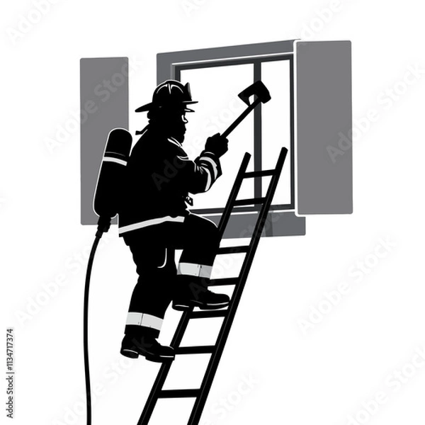 Fototapeta Silhouette of firefighter climbing a ladder, breaking a window with an axe