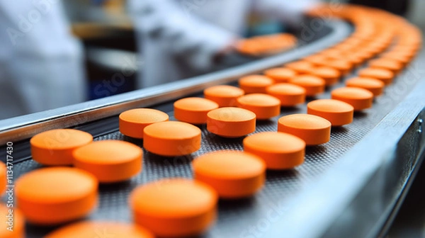 Fototapeta Close-up of orange tablets moving along a conveyor belt in a pharmaceutical factory, highlighting precision and mass production.