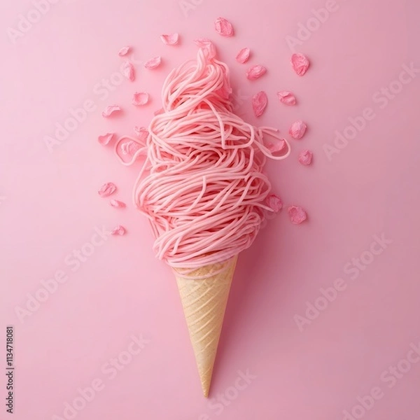 Fototapeta Ice cream as spaghetti in cone on pink background.