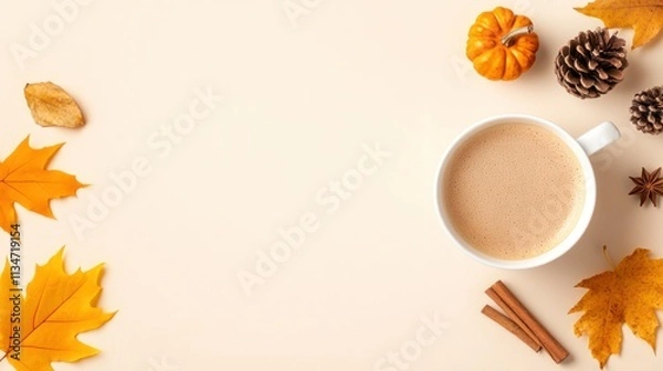 Fototapeta Autumnal Delight: Top-View Shot of Steaming Coffee, Plaid, Pumpkins, Leaves, Cones, and Spices on Beige Background - Space for Ad