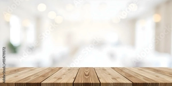 Fototapeta Wooden table in front of a blurred, bokeh background