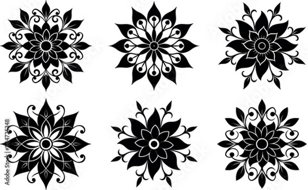 Fototapeta Elegant Symmetrical Black Floral Ornament Set for Design Projects